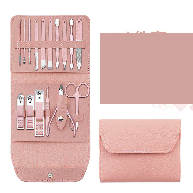 16 Pcs Nail Clippers Set in a stylish PU leather case, showcasing various grooming tools including nail clippers and scissors.