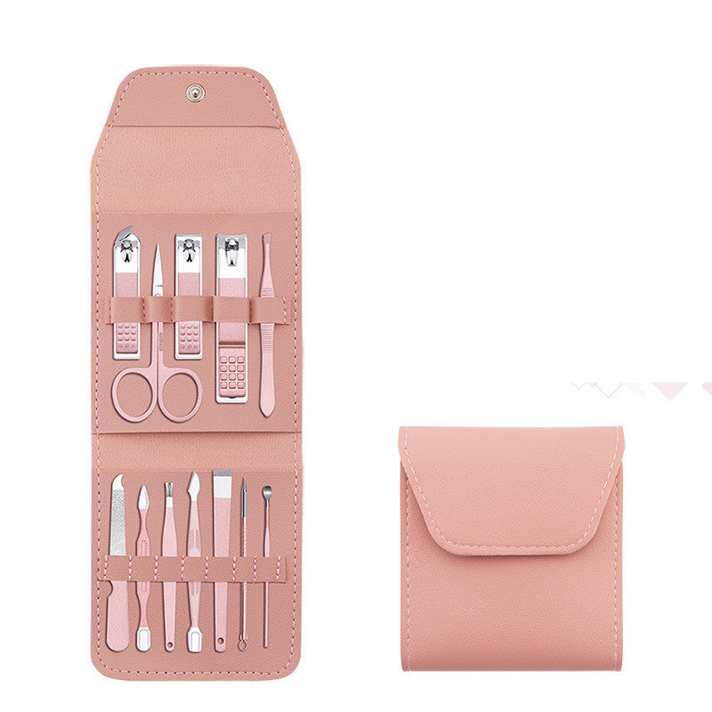 16 Pcs Nail Clippers Set in a stylish PU leather case, showcasing various grooming tools including nail clippers and scissors.