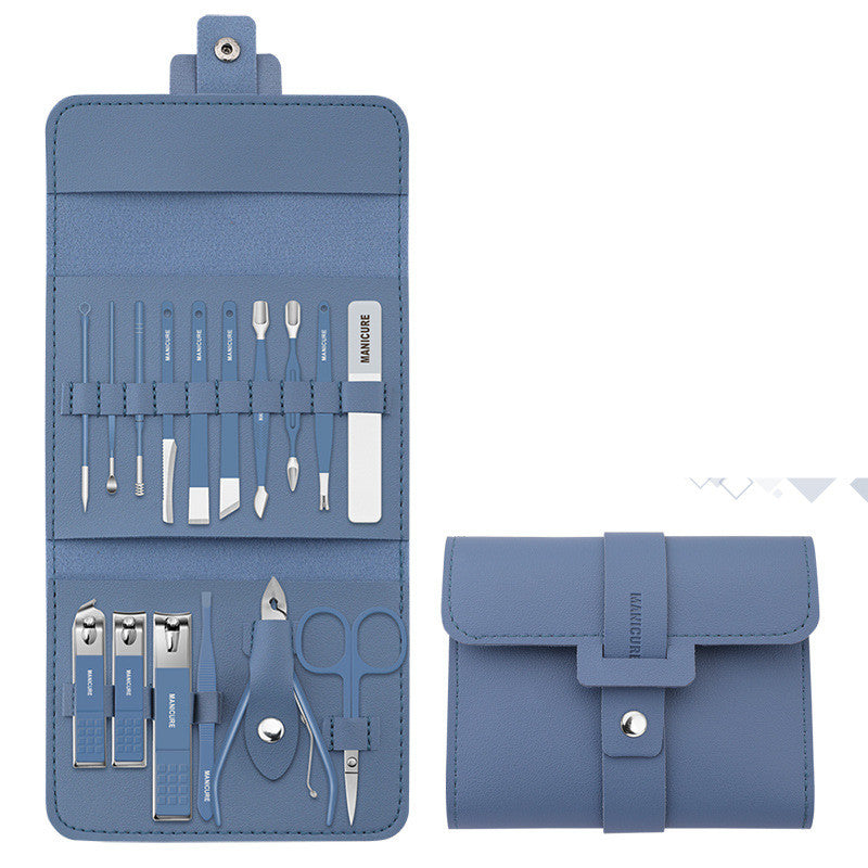 16 Pcs Nail Clippers Set in a stylish PU leather case, showcasing various grooming tools including nail clippers and scissors.