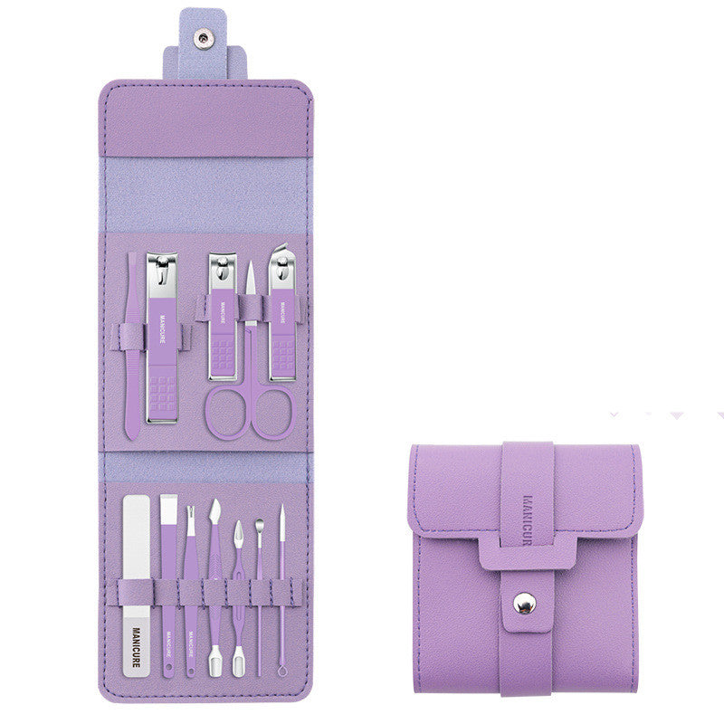 16 Pcs Nail Clippers Set in a stylish PU leather case, showcasing various grooming tools including nail clippers and scissors.