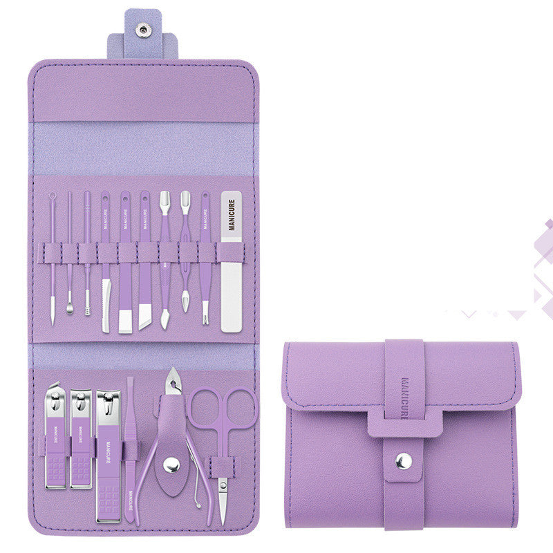 16 Pcs Nail Clippers Set in a stylish PU leather case, showcasing various grooming tools including nail clippers and scissors.