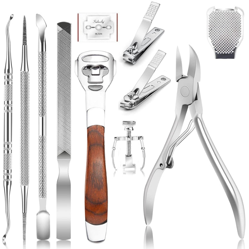 11-piece ingrown toenail tools kit featuring stainless steel tools for nail care and pedicure, including clippers, lifters, and a nail file.