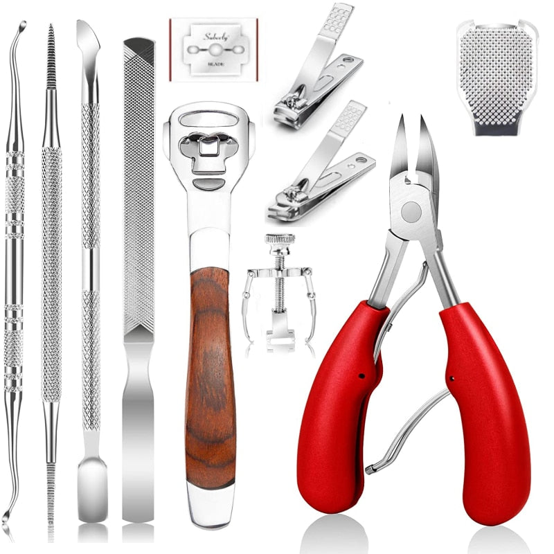 11-piece ingrown toenail tools kit featuring stainless steel tools for nail care and pedicure, including clippers, lifters, and a nail file.