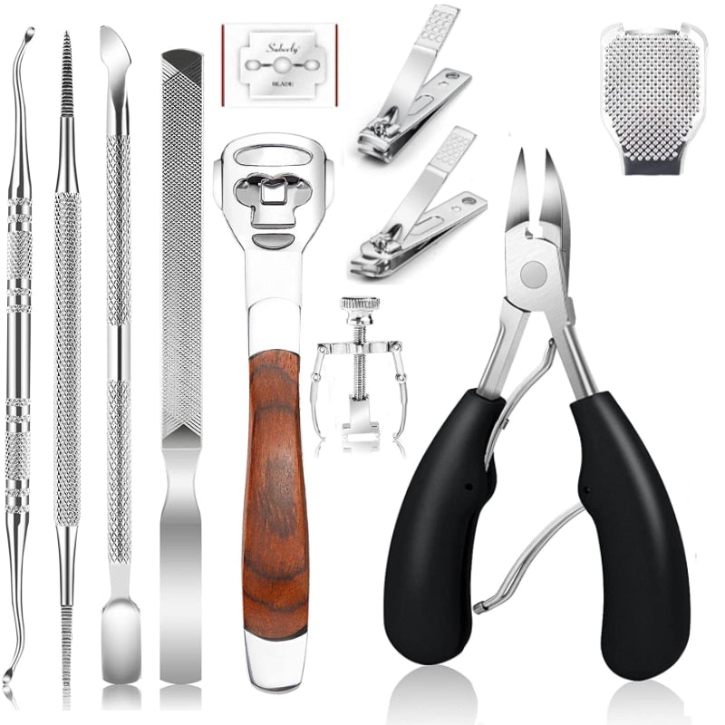 11-piece ingrown toenail tools kit featuring stainless steel tools for nail care and pedicure, including clippers, lifters, and a nail file.