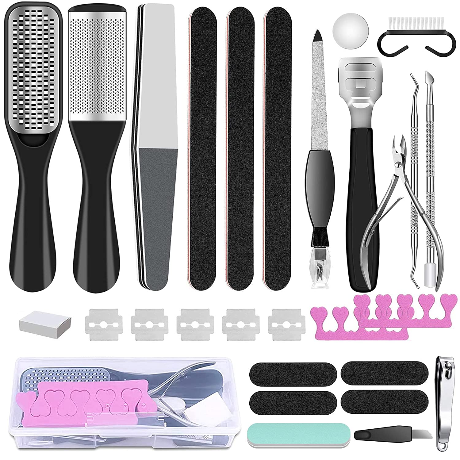 23 in 1 Professional Pedicure Tools Set featuring various stainless steel tools for foot care and maintenance.
