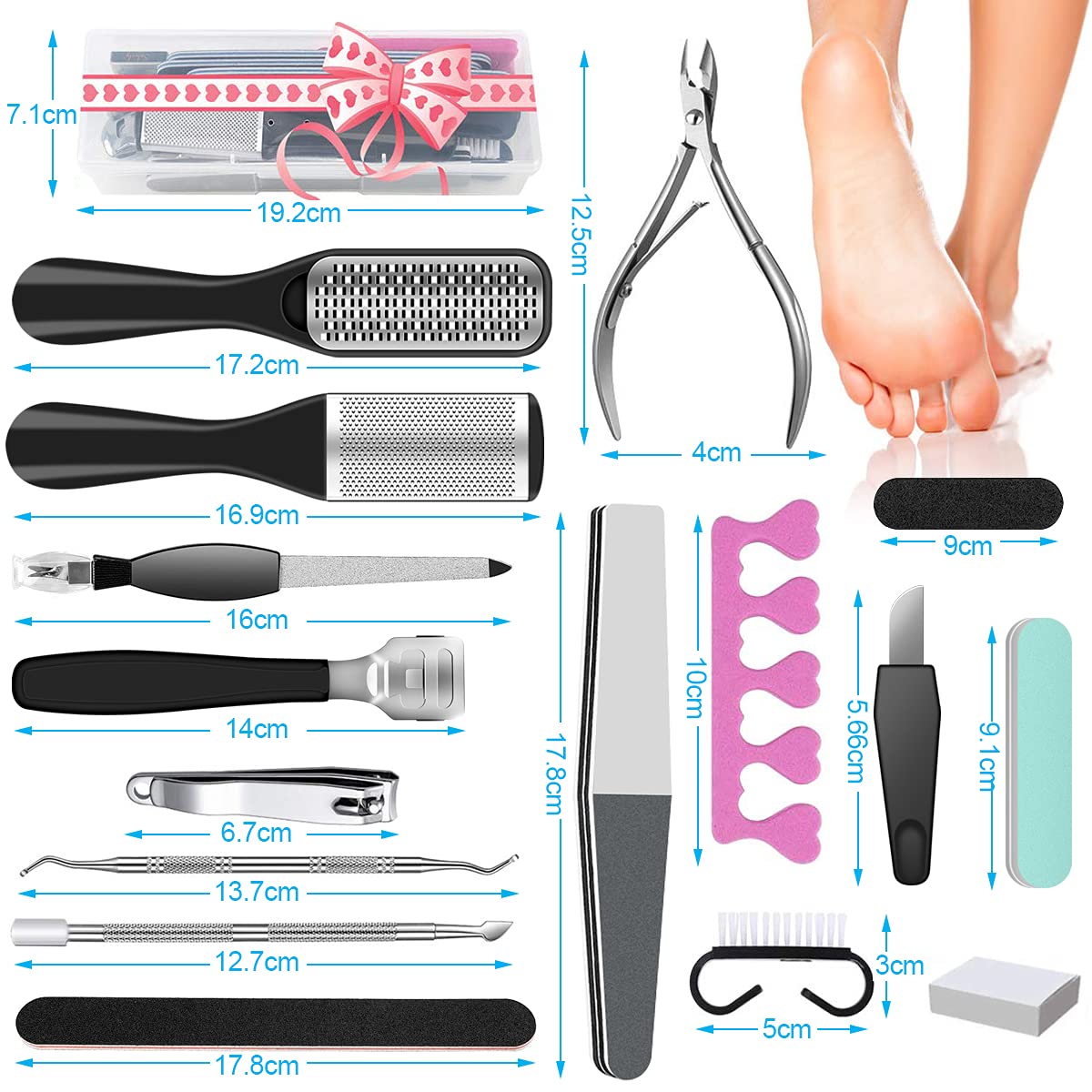 23 in 1 Professional Pedicure Tools Set featuring various stainless steel tools for foot care and maintenance.