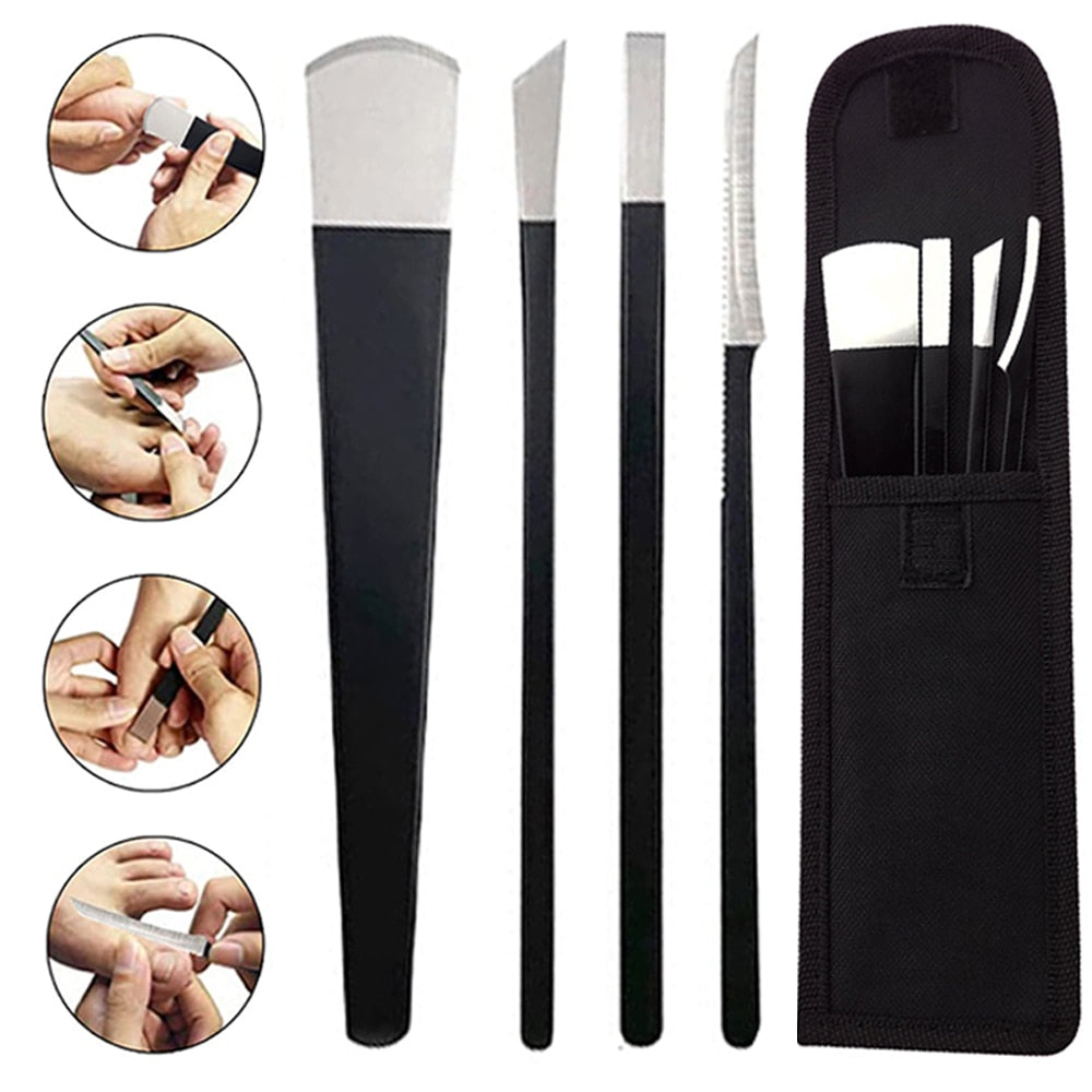 4-piece black stainless steel pedicure knife set including various specialized tools for nail care.
