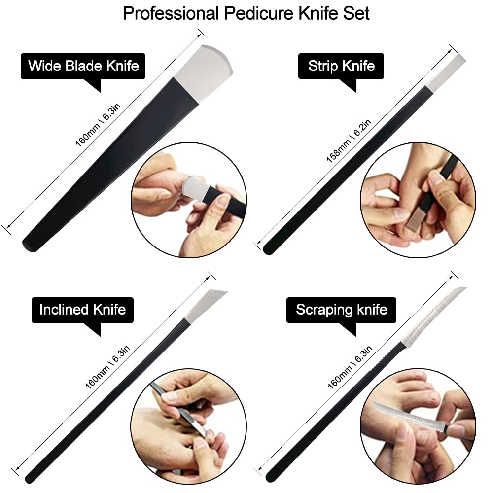 4-piece black stainless steel pedicure knife set including various specialized tools for nail care.
