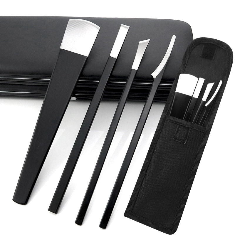 4-piece black stainless steel pedicure knife set including various specialized tools for nail care.