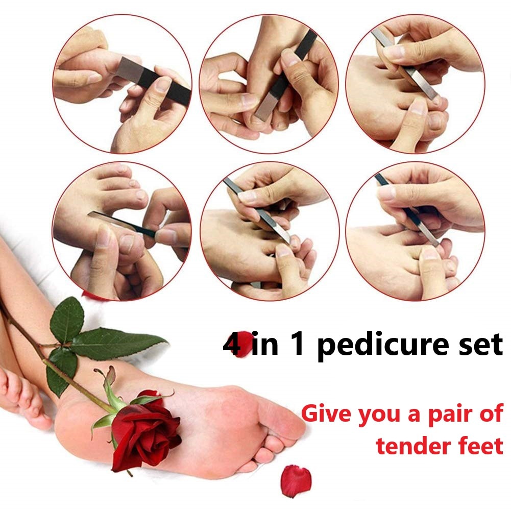 4-piece black stainless steel pedicure knife set including various specialized tools for nail care.