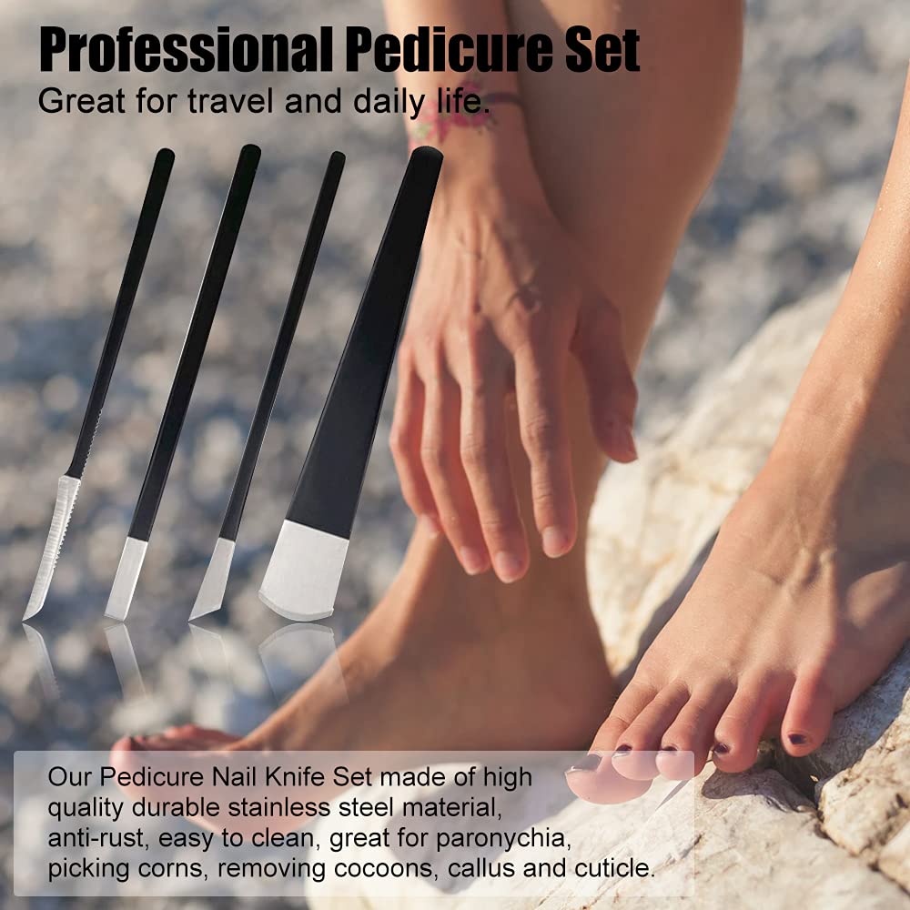 4-piece black stainless steel pedicure knife set including various specialized tools for nail care.