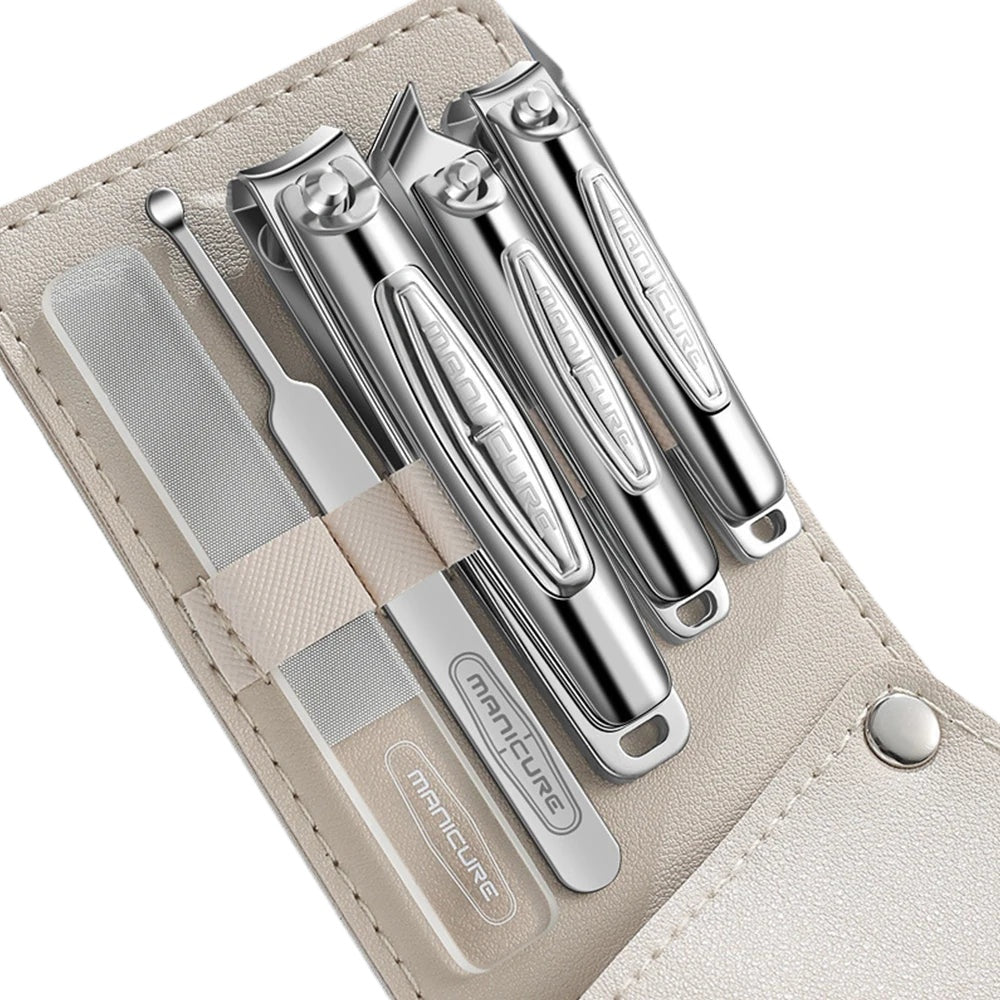5-piece stainless steel nail clipper kit with PU leather case, includes nail clippers, files, and ear spoons in various colors.