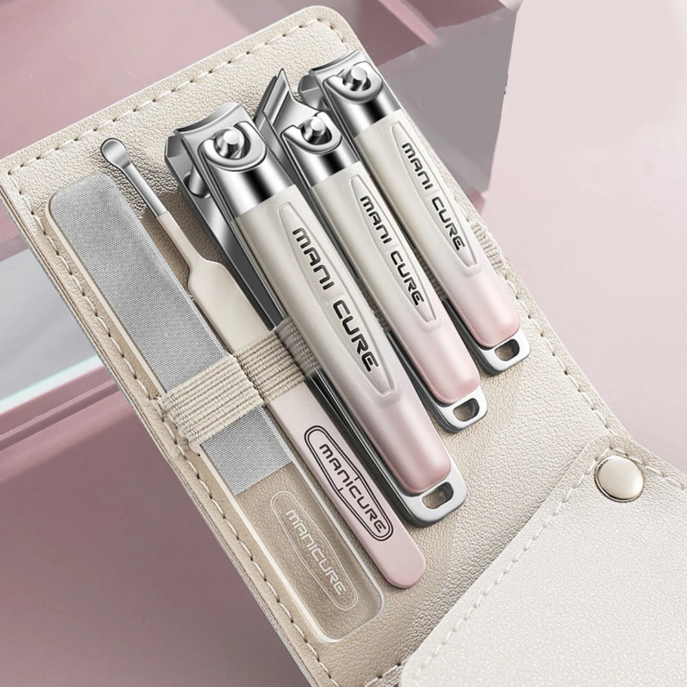 5-piece stainless steel nail clipper kit with PU leather case, includes nail clippers, files, and ear spoons in various colors.