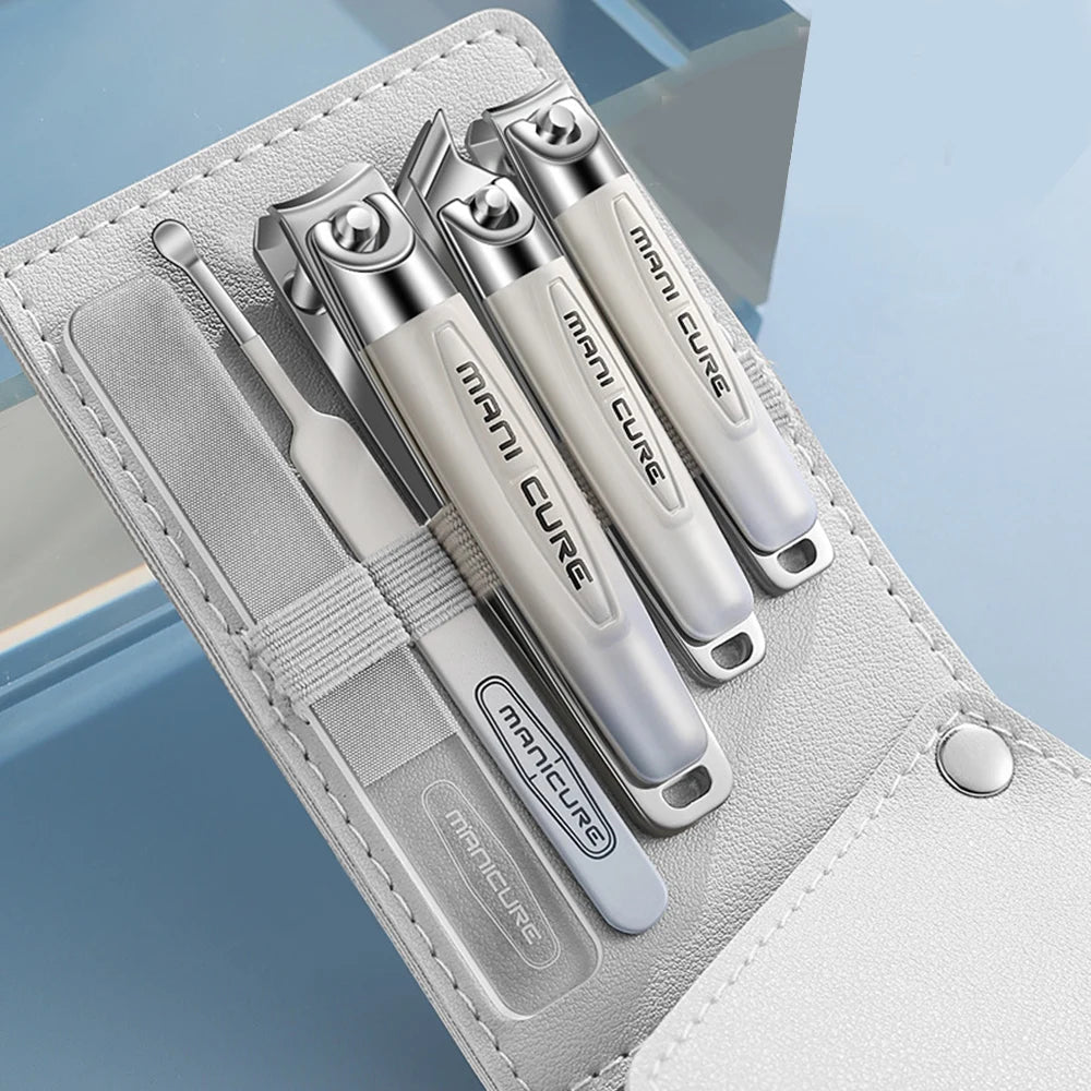 5-piece stainless steel nail clipper kit with PU leather case, includes nail clippers, files, and ear spoons in various colors.