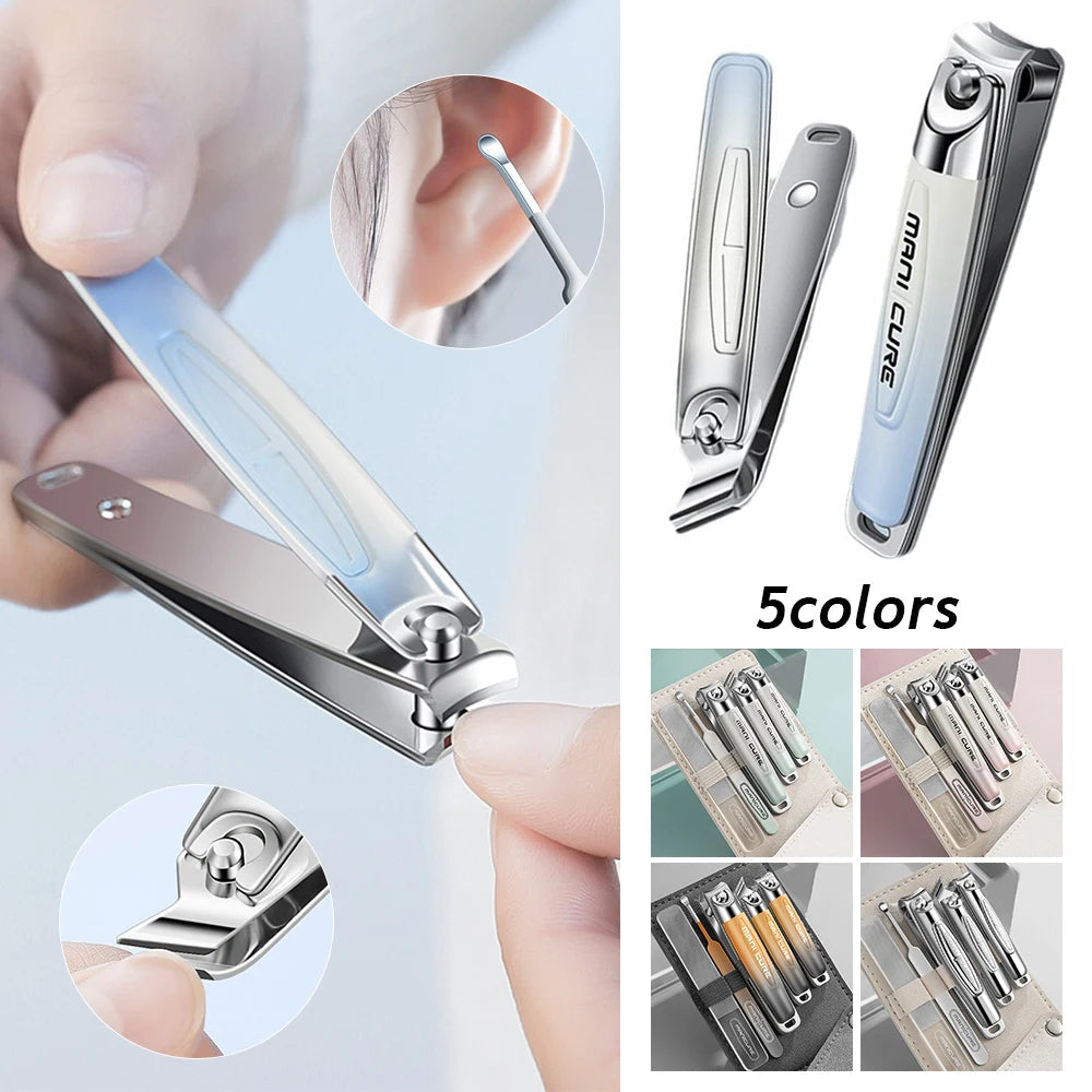5-piece stainless steel nail clipper kit with PU leather case, includes nail clippers, files, and ear spoons in various colors.