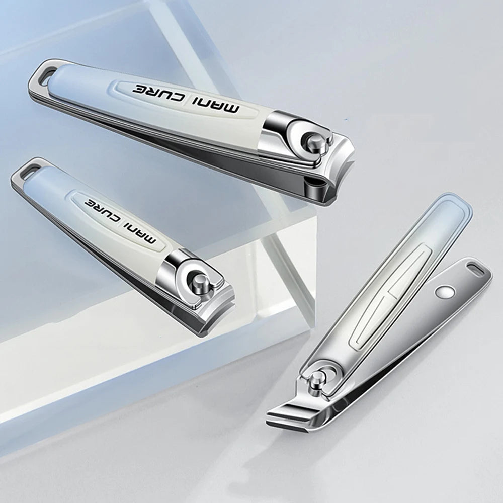 5-piece stainless steel nail clipper kit with PU leather case, includes nail clippers, files, and ear spoons in various colors.