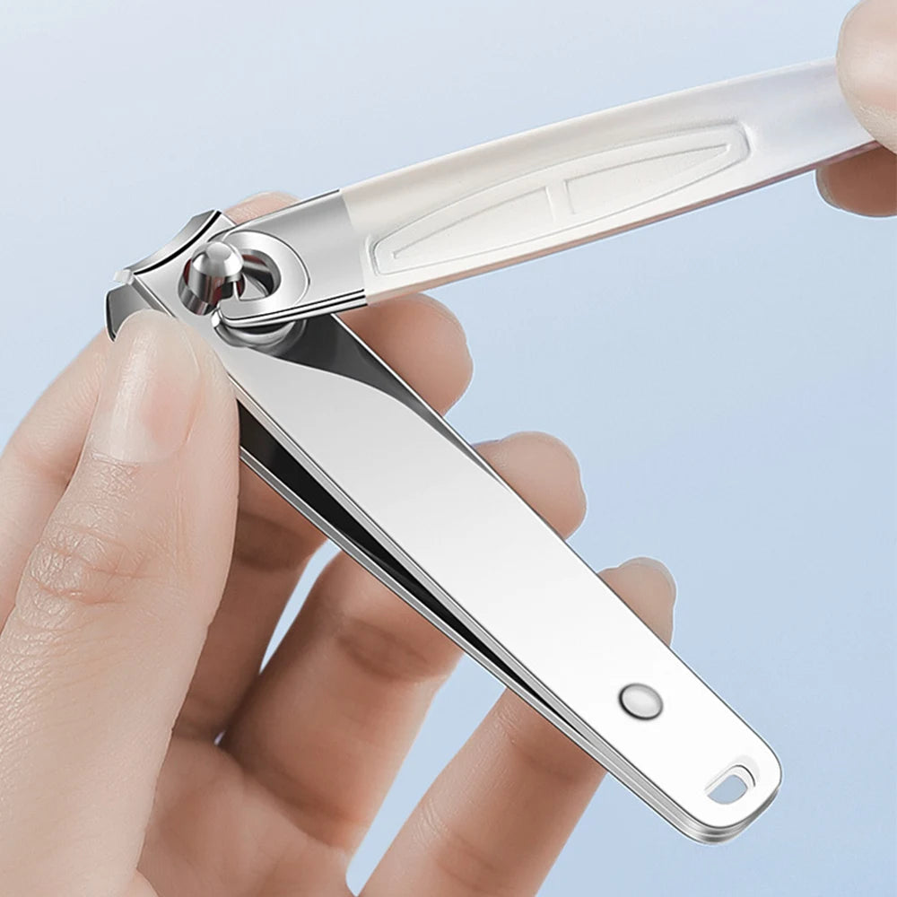 5-piece stainless steel nail clipper kit with PU leather case, includes nail clippers, files, and ear spoons in various colors.