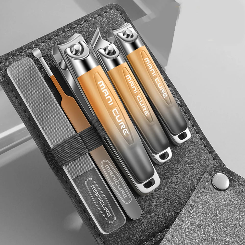 5-piece stainless steel nail clipper kit with PU leather case, includes nail clippers, files, and ear spoons in various colors.