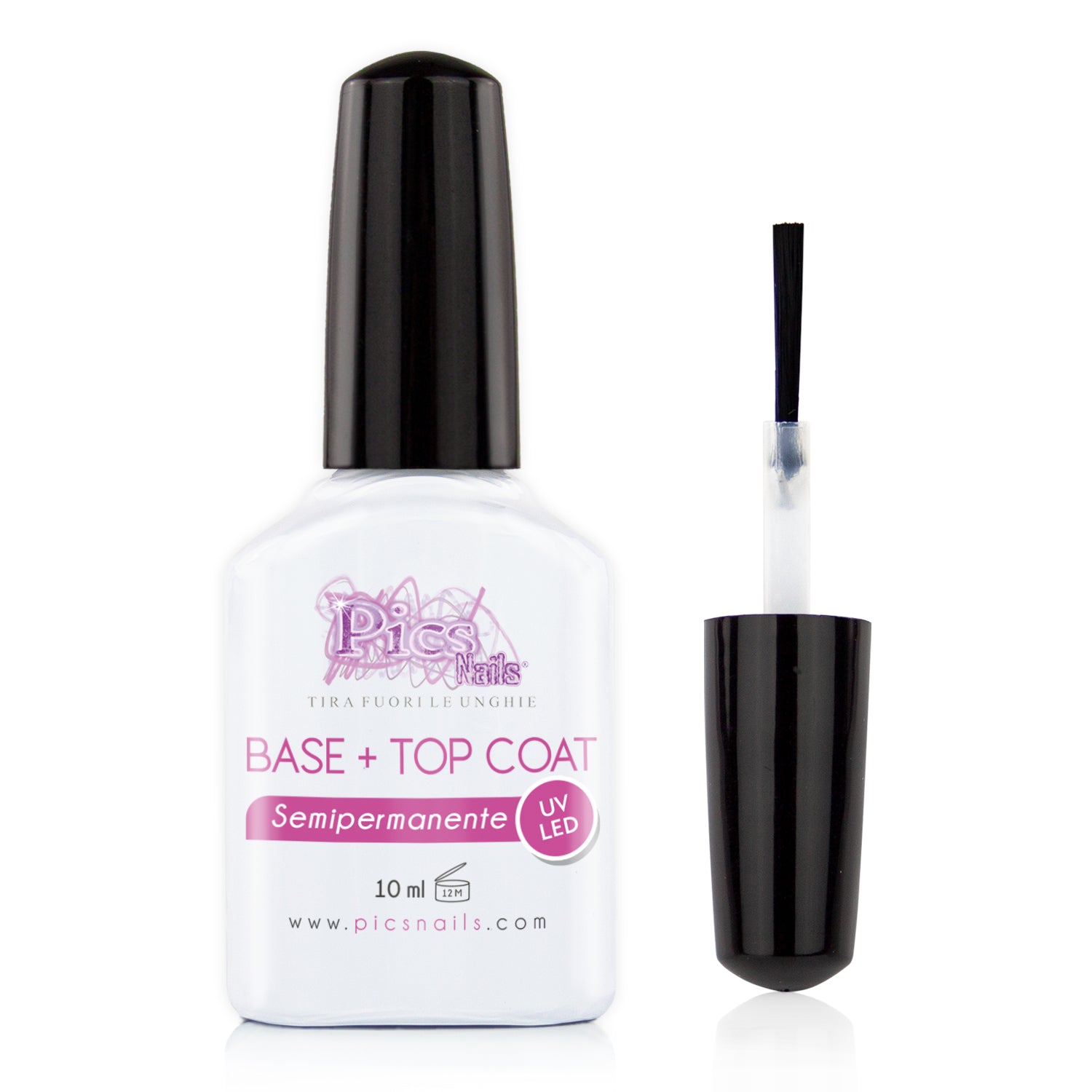 Base e Top Coat Semipermanente Unghie Gel UV/LED in flacone da 10 ml con pennellino integrato per applicazione facile.