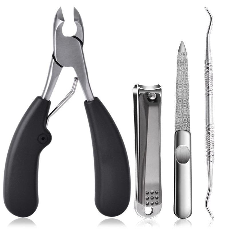 Black Toe Nail Clippers designed for thick nails, featuring a stainless steel blade and an ergonomic ABS frosted handle for safety and comfort.