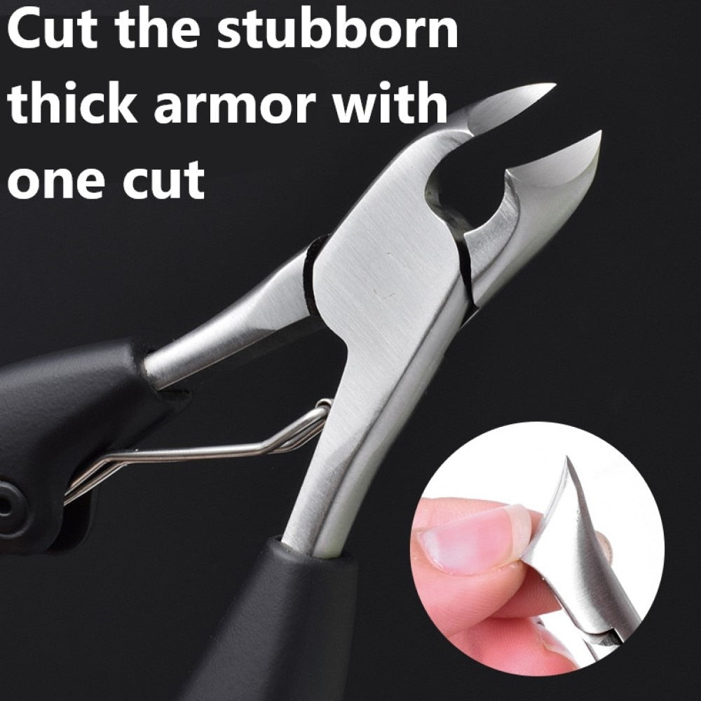 Black Toe Nail Clippers designed for thick nails, featuring a stainless steel blade and an ergonomic ABS frosted handle for safety and comfort.