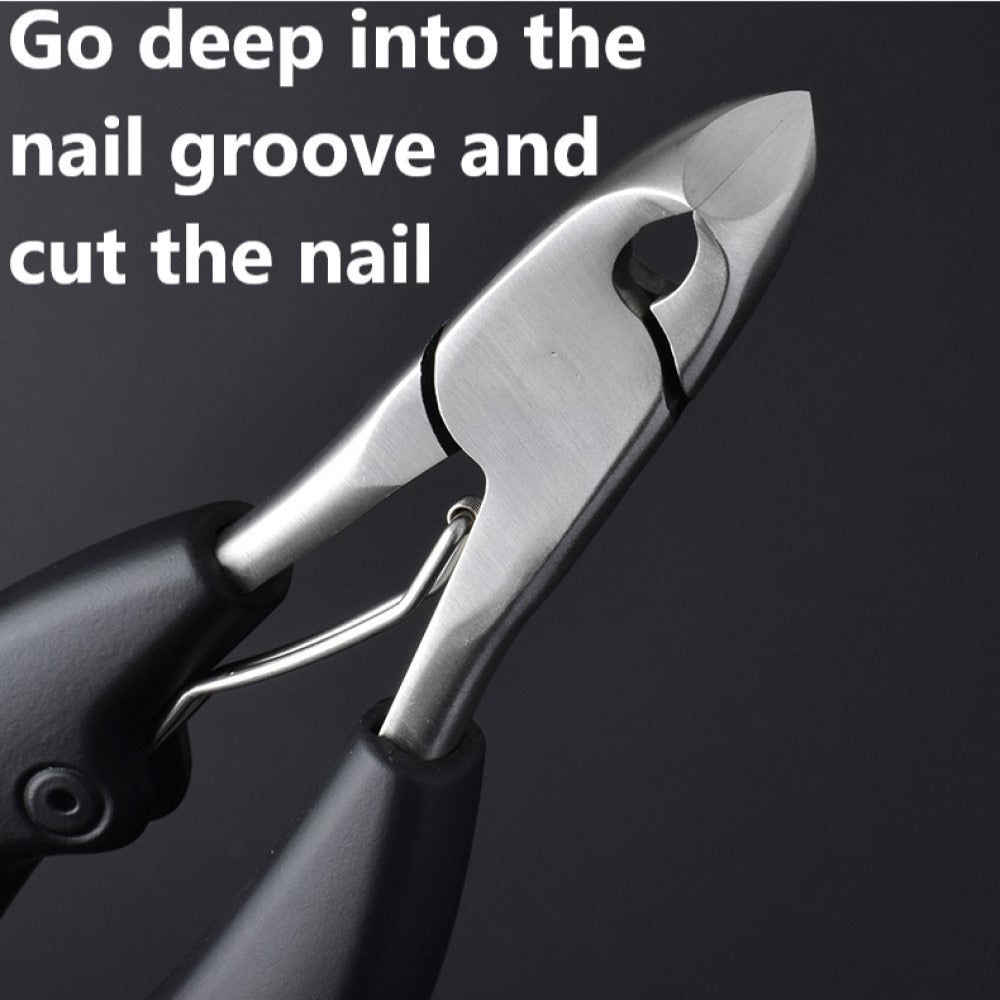 Black Toe Nail Clippers designed for thick nails, featuring a stainless steel blade and an ergonomic ABS frosted handle for safety and comfort.