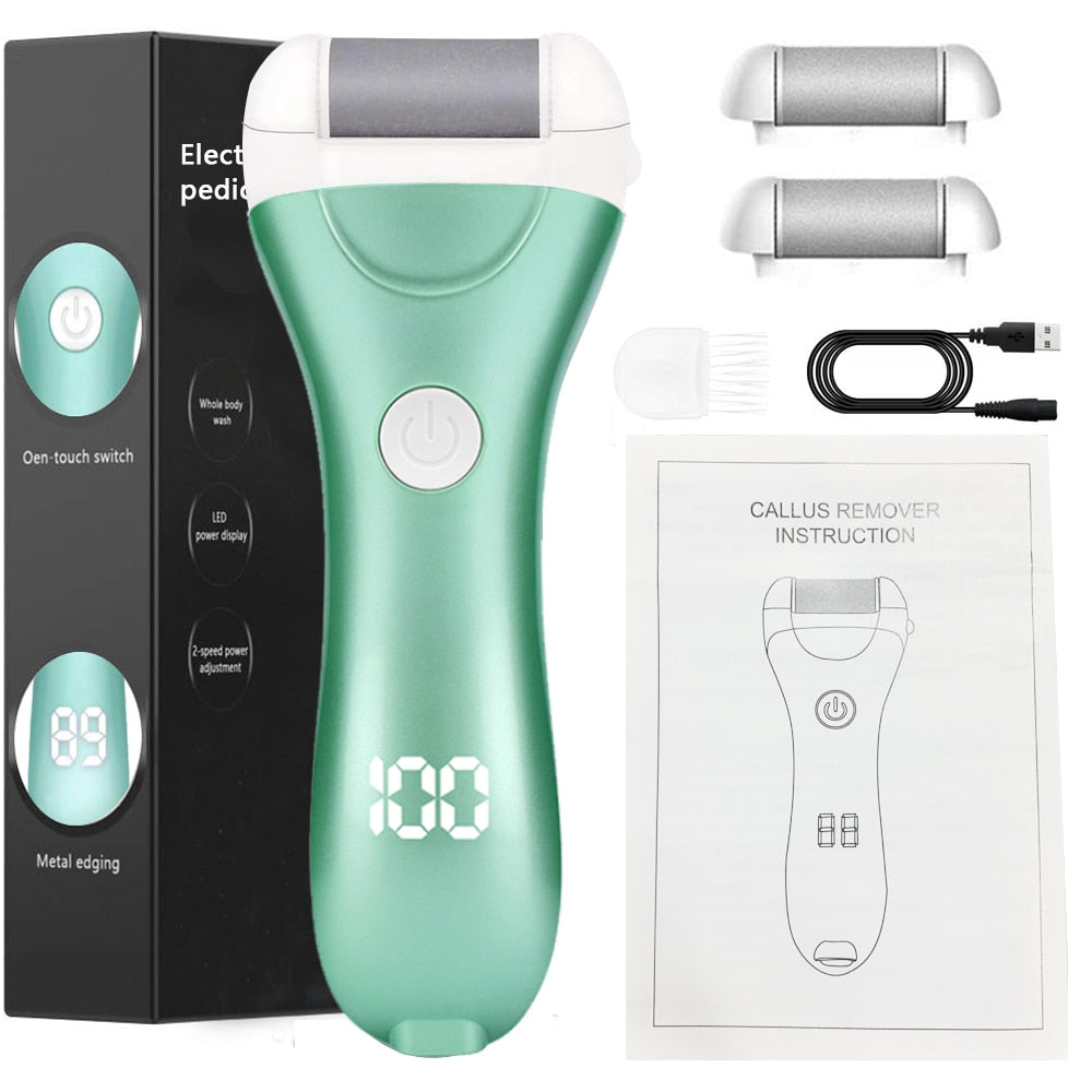 Charged Electric Foot File in golden color with multiple grinding heads and accessories for pedicure.