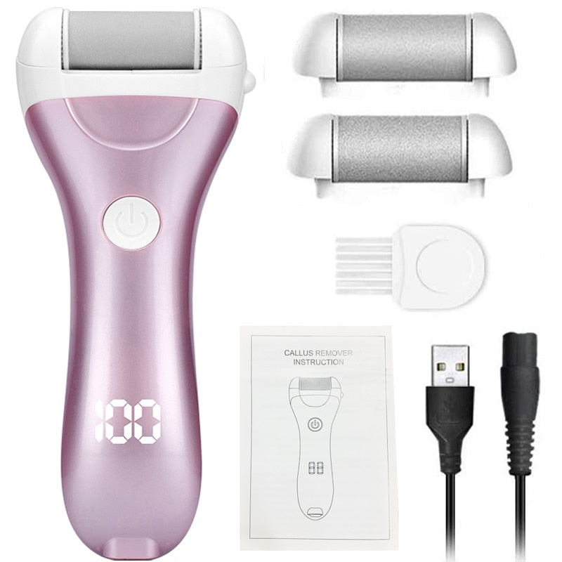 Charged Electric Foot File in golden color with multiple grinding heads and accessories for pedicure.