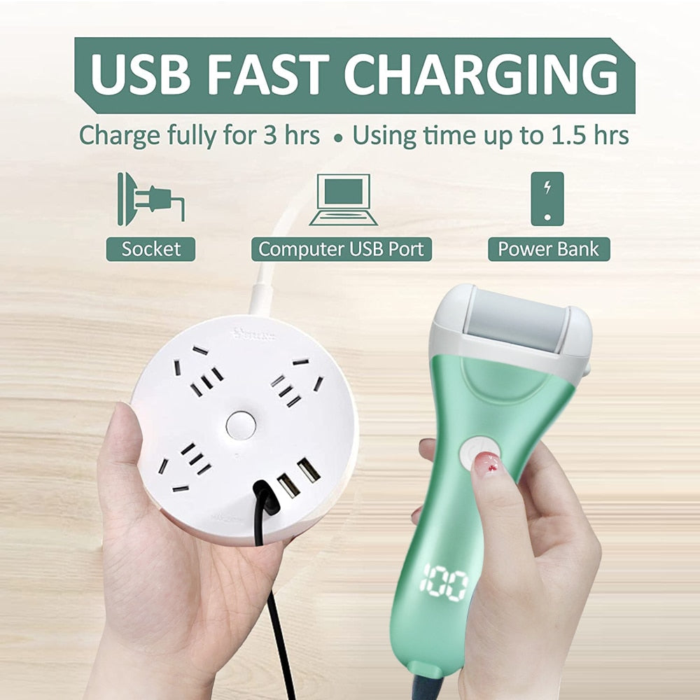 Charged Electric Foot File in golden color with multiple grinding heads and accessories for pedicure.