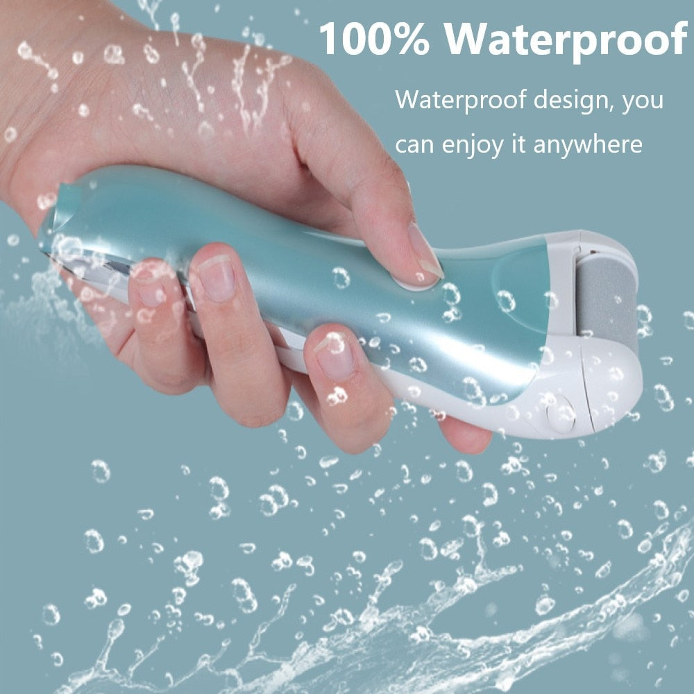 Charged Electric Foot File in golden color with multiple grinding heads and accessories for pedicure.