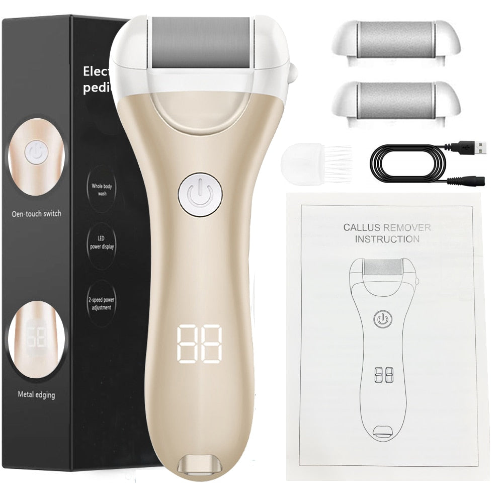 Charged Electric Foot File in golden color with multiple grinding heads and accessories for pedicure.