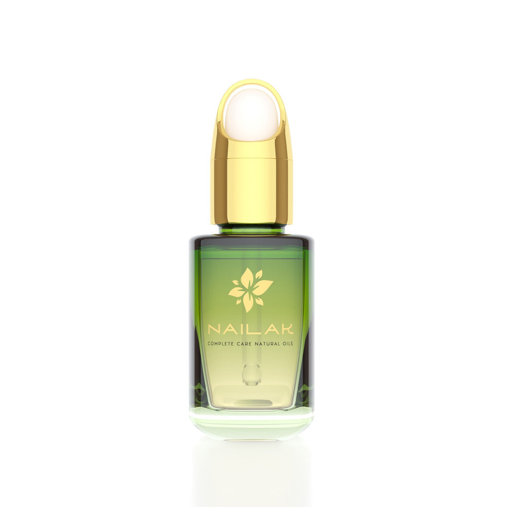 A bottle of Cuticle Nails Natural Oil with a dropper, surrounded by natural ingredients like Jojoba, Almond, and Apricot oils.