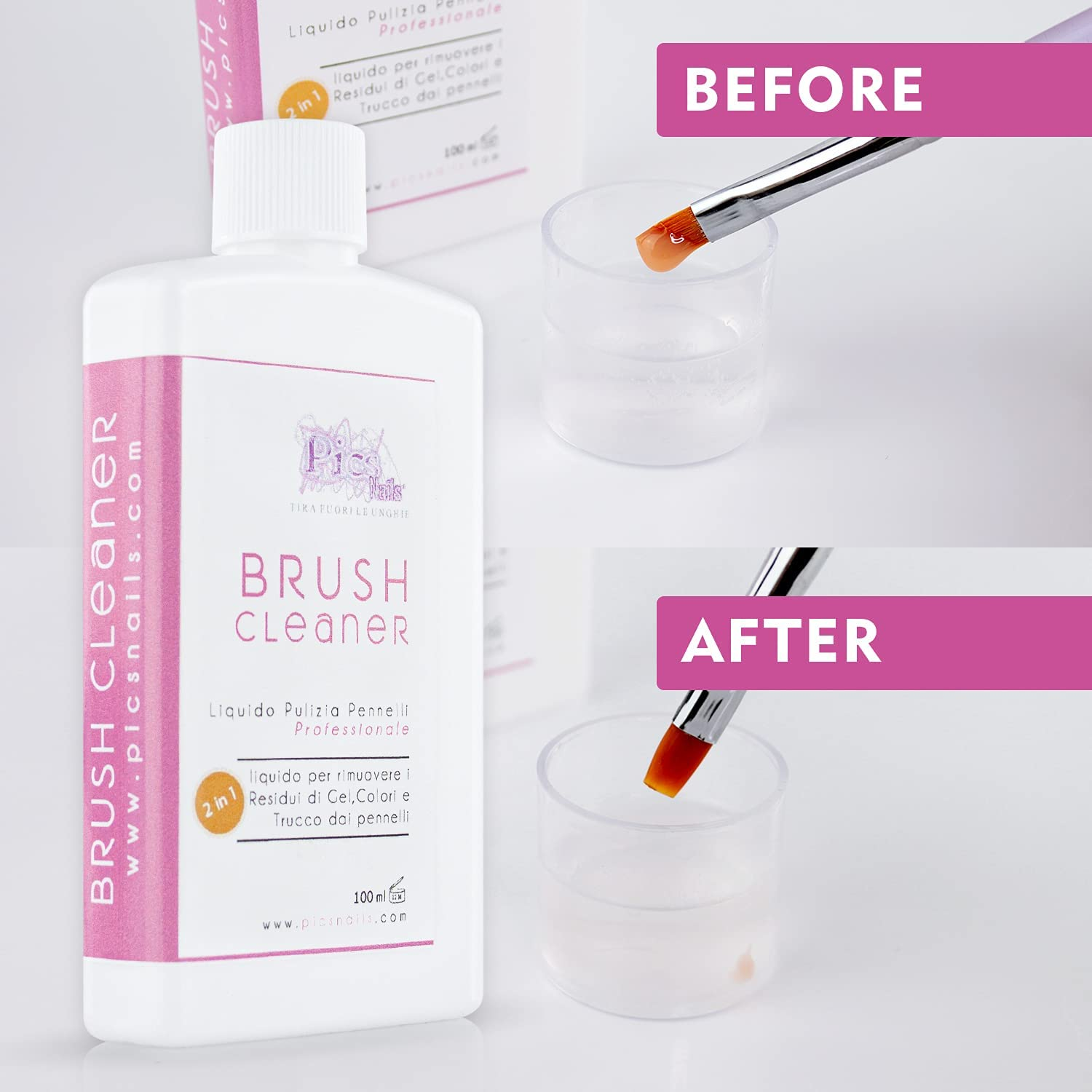 Detergente Pulizia Pennelli Unghie e Trucco 2in1 in bottiglia da 100 ml, ideale per la pulizia di pennelli per trucco e unghie.