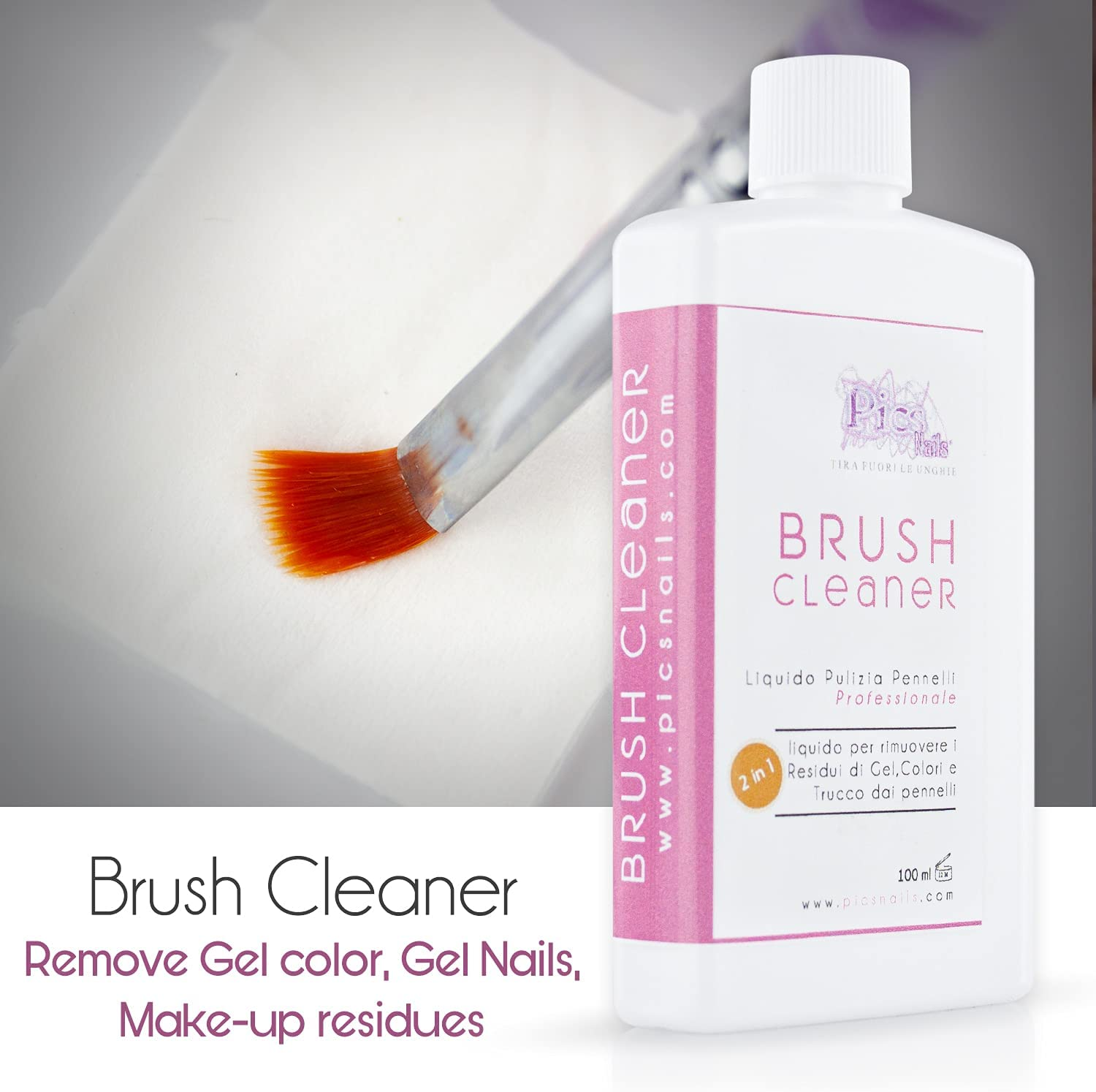 Detergente Pulizia Pennelli Unghie e Trucco 2in1 in bottiglia da 100 ml, ideale per la pulizia di pennelli per trucco e unghie.