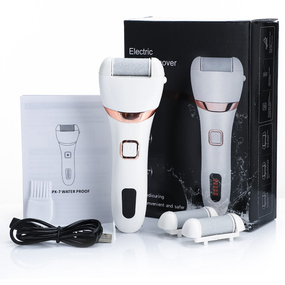 Electric Foot File with three grinding heads for pedicure, designed for dead skin removal and foot care.