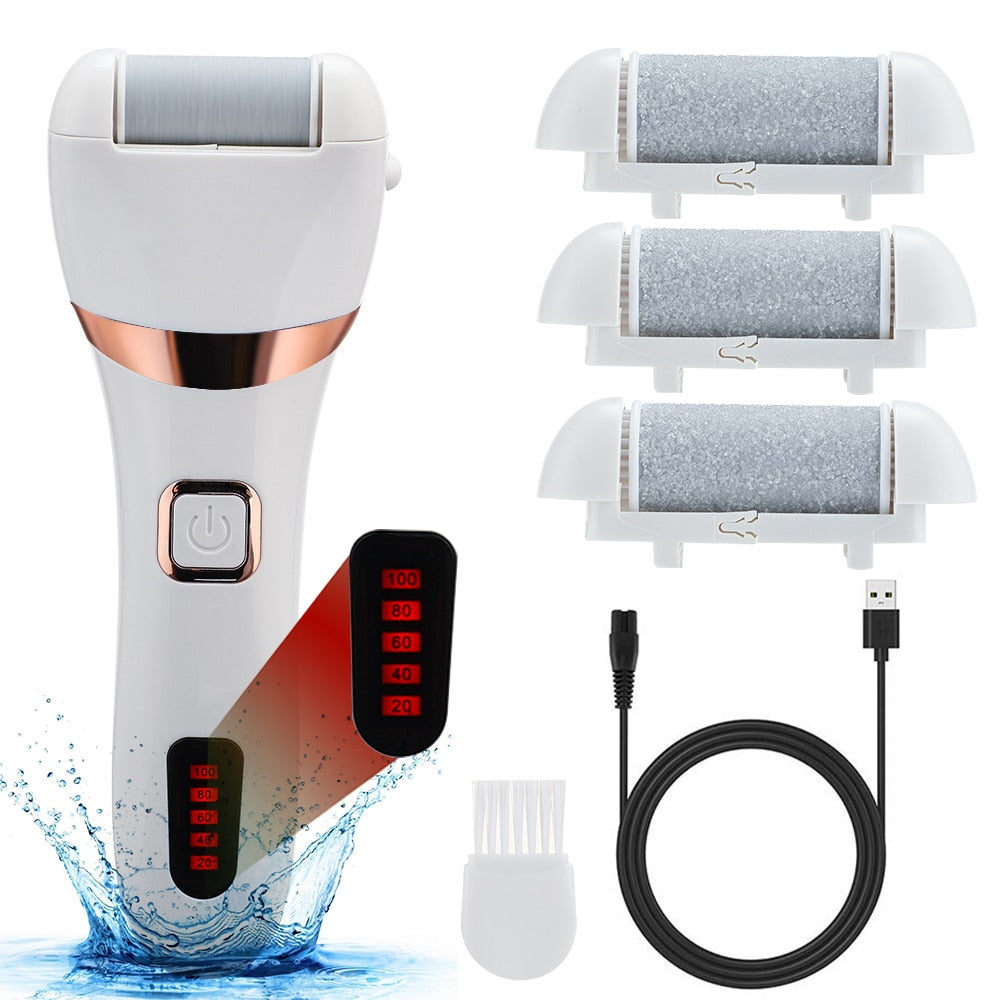 Electric Foot File with three grinding heads for pedicure, designed for dead skin removal and foot care.