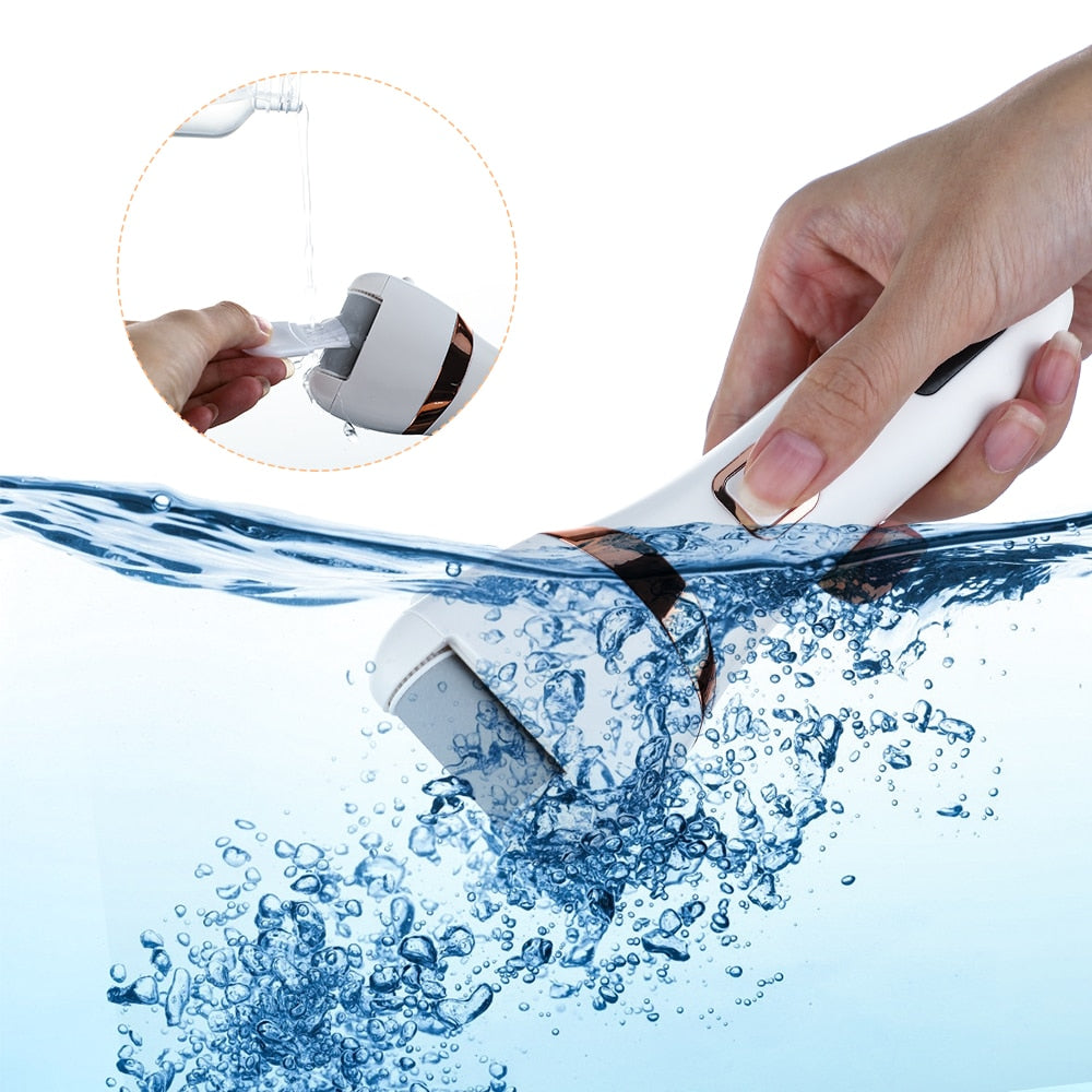 Electric Foot File with three grinding heads for pedicure, designed for dead skin removal and foot care.