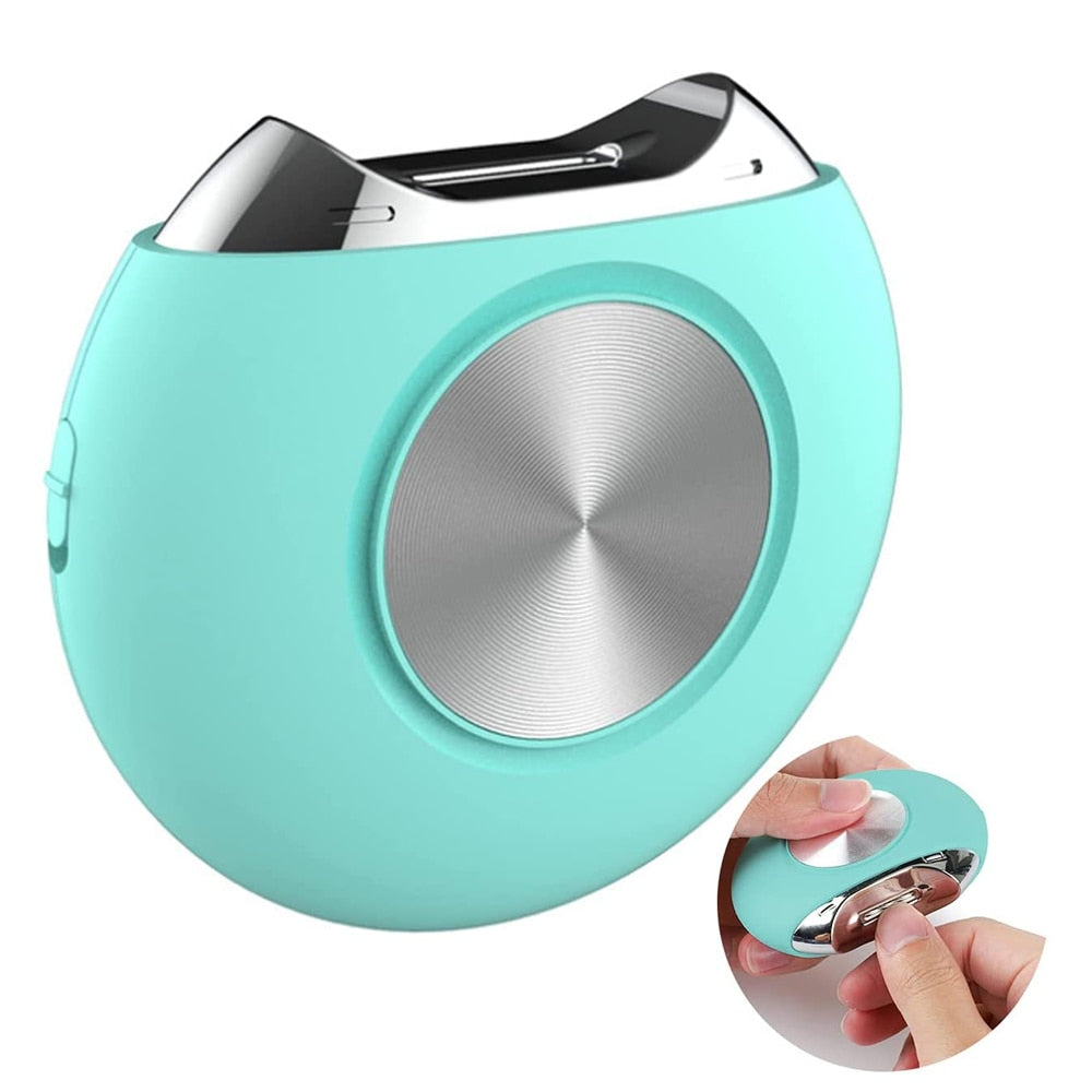 Electric Nail Clipper in pink and blue colors, designed for safe and efficient nail trimming for all ages, featuring a hidden blade and built-in debris storage.
