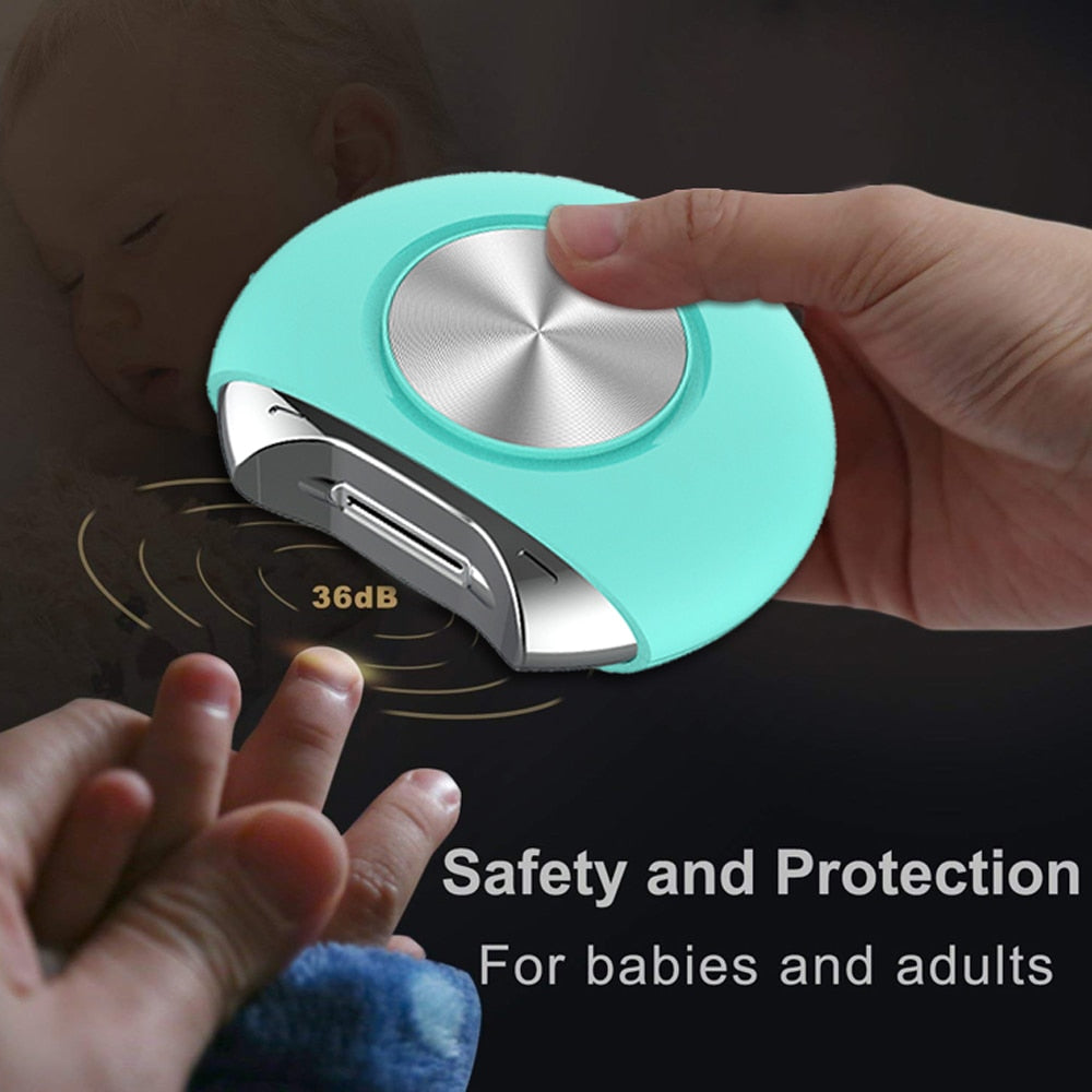 Electric Nail Clipper in pink and blue colors, designed for safe and efficient nail trimming for all ages, featuring a hidden blade and built-in debris storage.