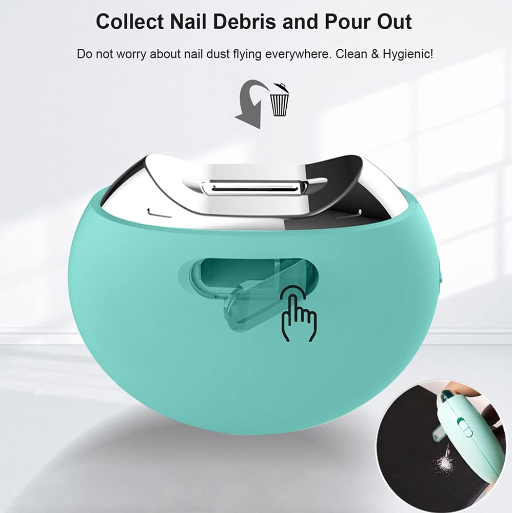 Electric Nail Clipper in pink and blue colors, designed for safe and efficient nail trimming for all ages, featuring a hidden blade and built-in debris storage.