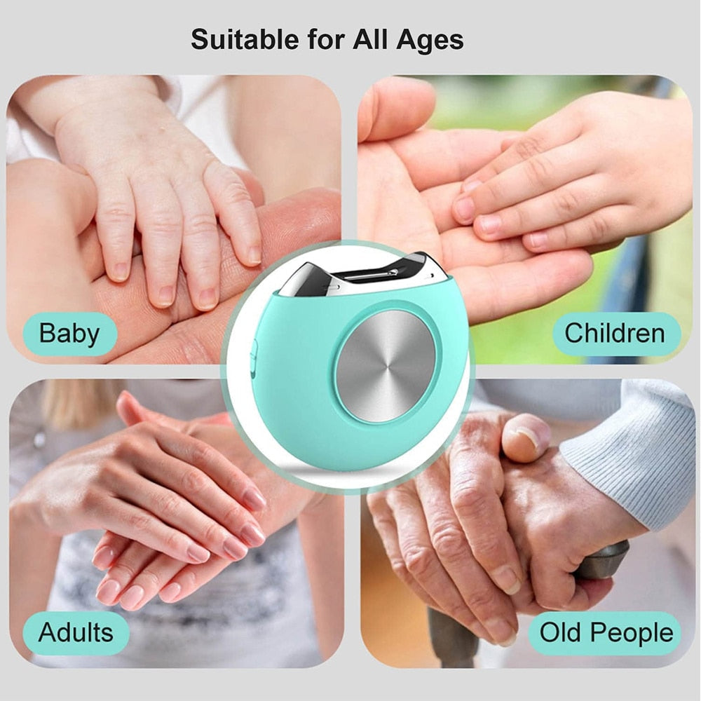 Electric Nail Clipper in pink and blue colors, designed for safe and efficient nail trimming for all ages, featuring a hidden blade and built-in debris storage.