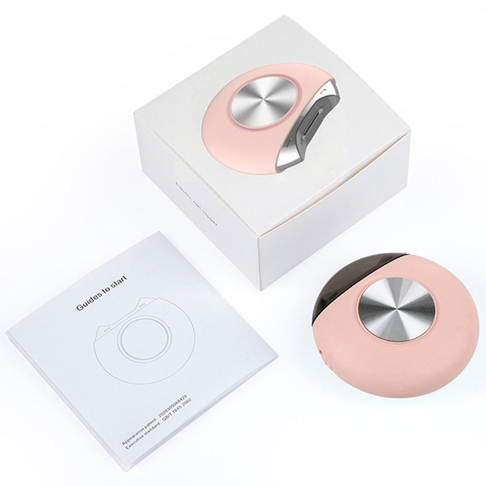 Electric Nail Clipper in pink and blue colors, designed for safe and efficient nail trimming for all ages, featuring a hidden blade and built-in debris storage.