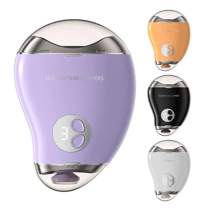 Electric Nail Cutter in mango shape with 3-speed settings, showcasing its ergonomic design and built-in nail shavings storage.
