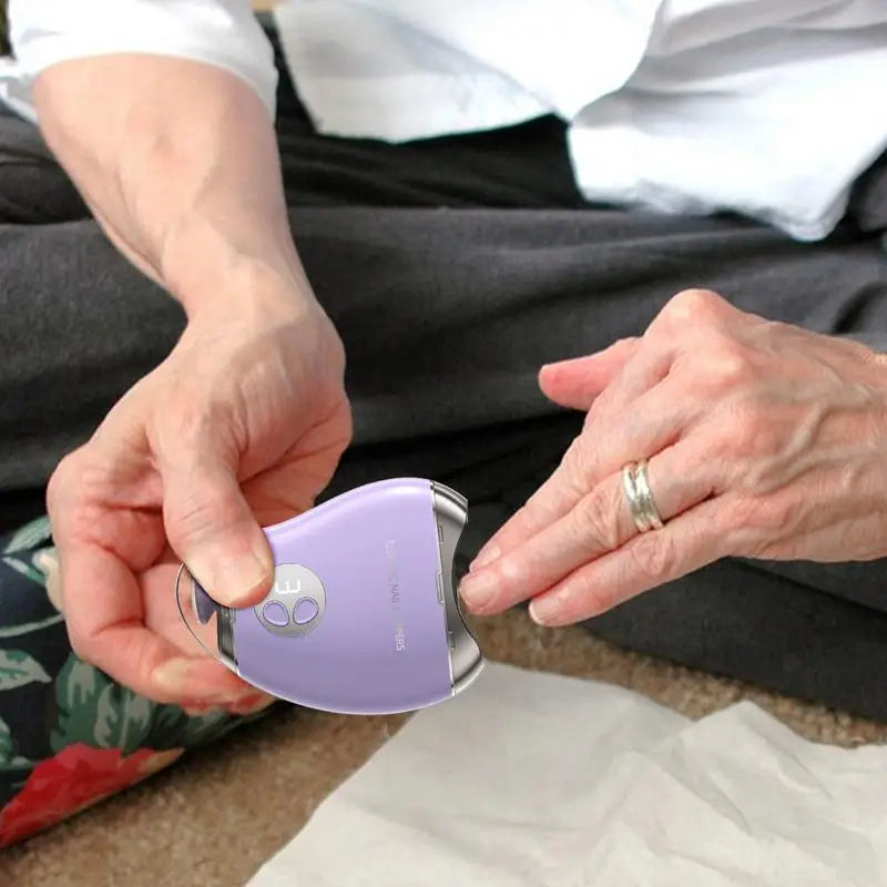 Electric Nail Cutter in mango shape with 3-speed settings, showcasing its ergonomic design and built-in nail shavings storage.