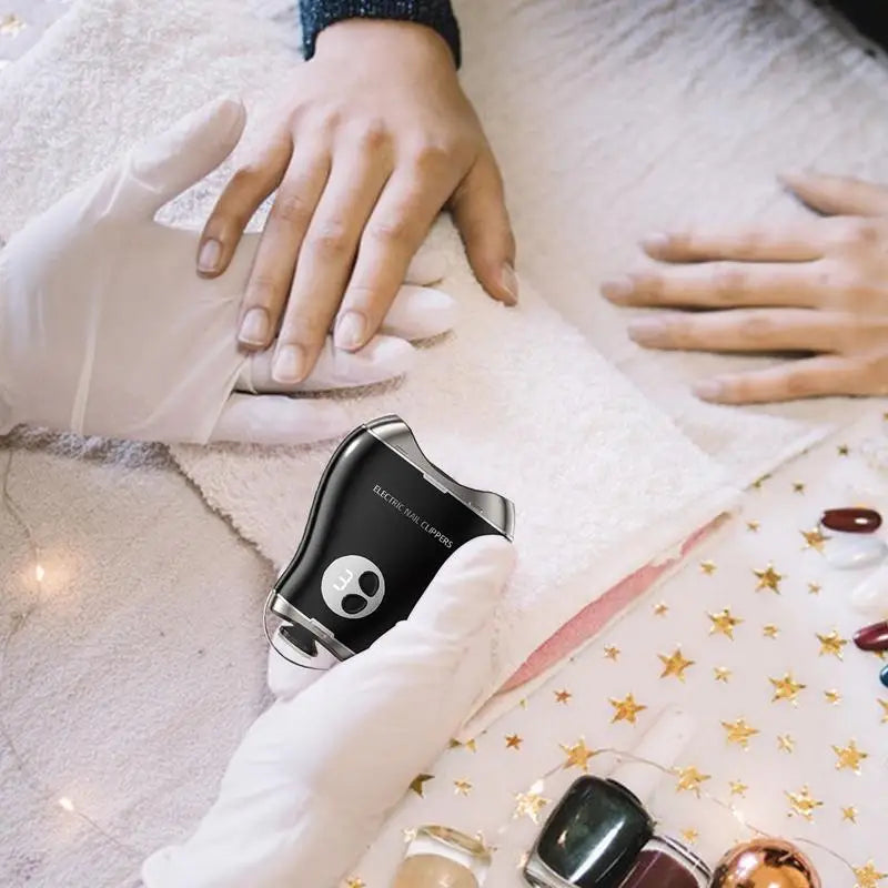 Electric Nail Cutter in mango shape with 3-speed settings, showcasing its ergonomic design and built-in nail shavings storage.