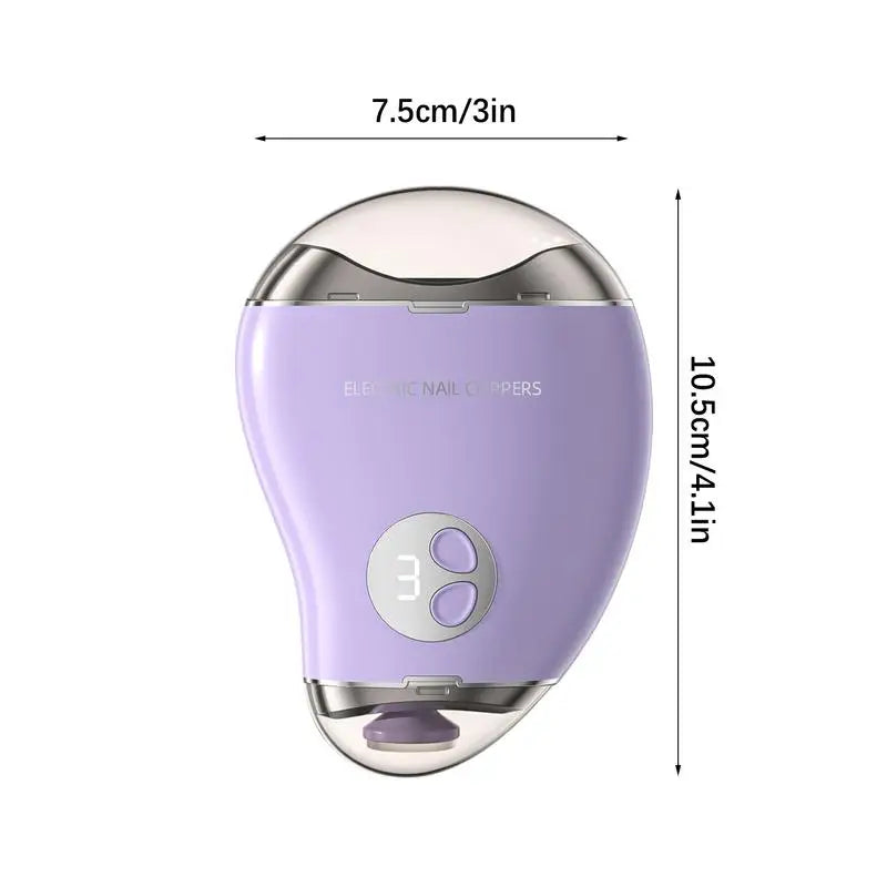 Electric Nail Cutter in mango shape with 3-speed settings, showcasing its ergonomic design and built-in nail shavings storage.