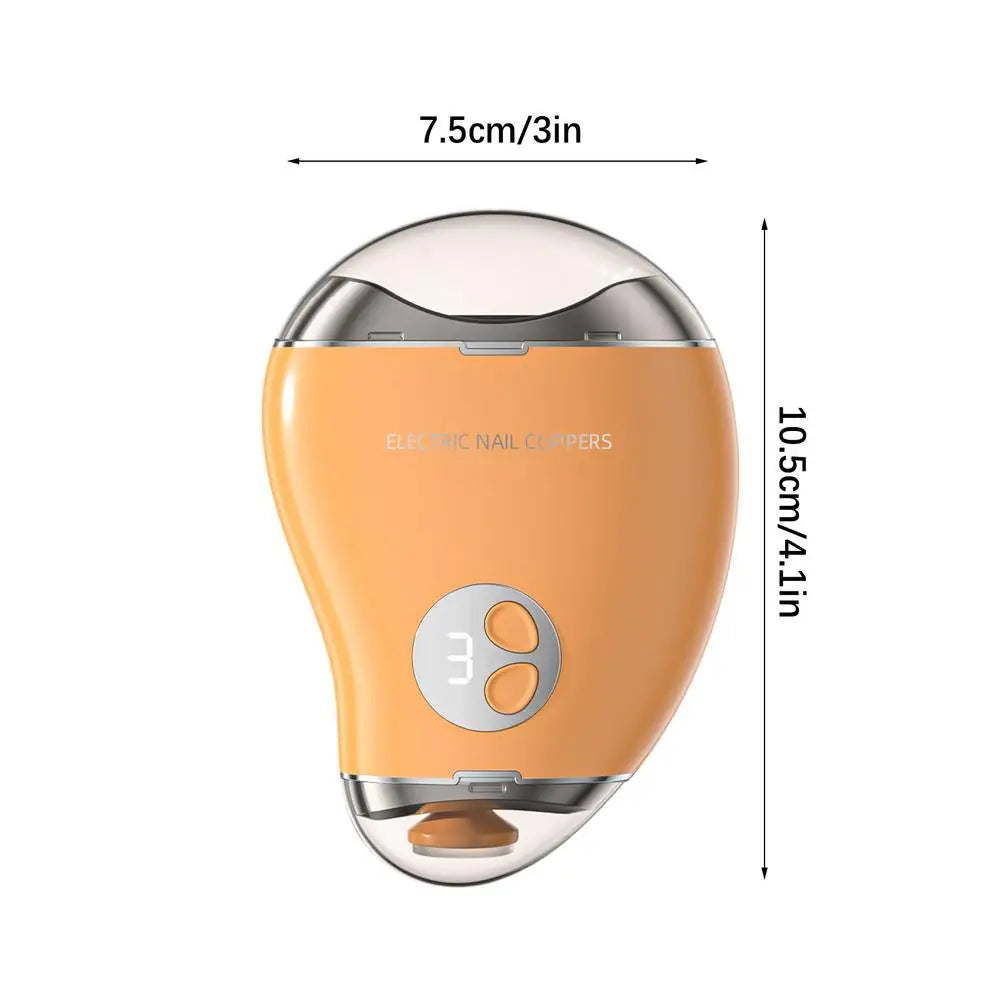 Electric Nail Cutter in mango shape with 3-speed settings, showcasing its ergonomic design and built-in nail shavings storage.