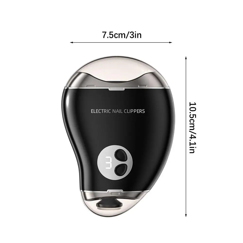 Electric Nail Cutter in mango shape with 3-speed settings, showcasing its ergonomic design and built-in nail shavings storage.