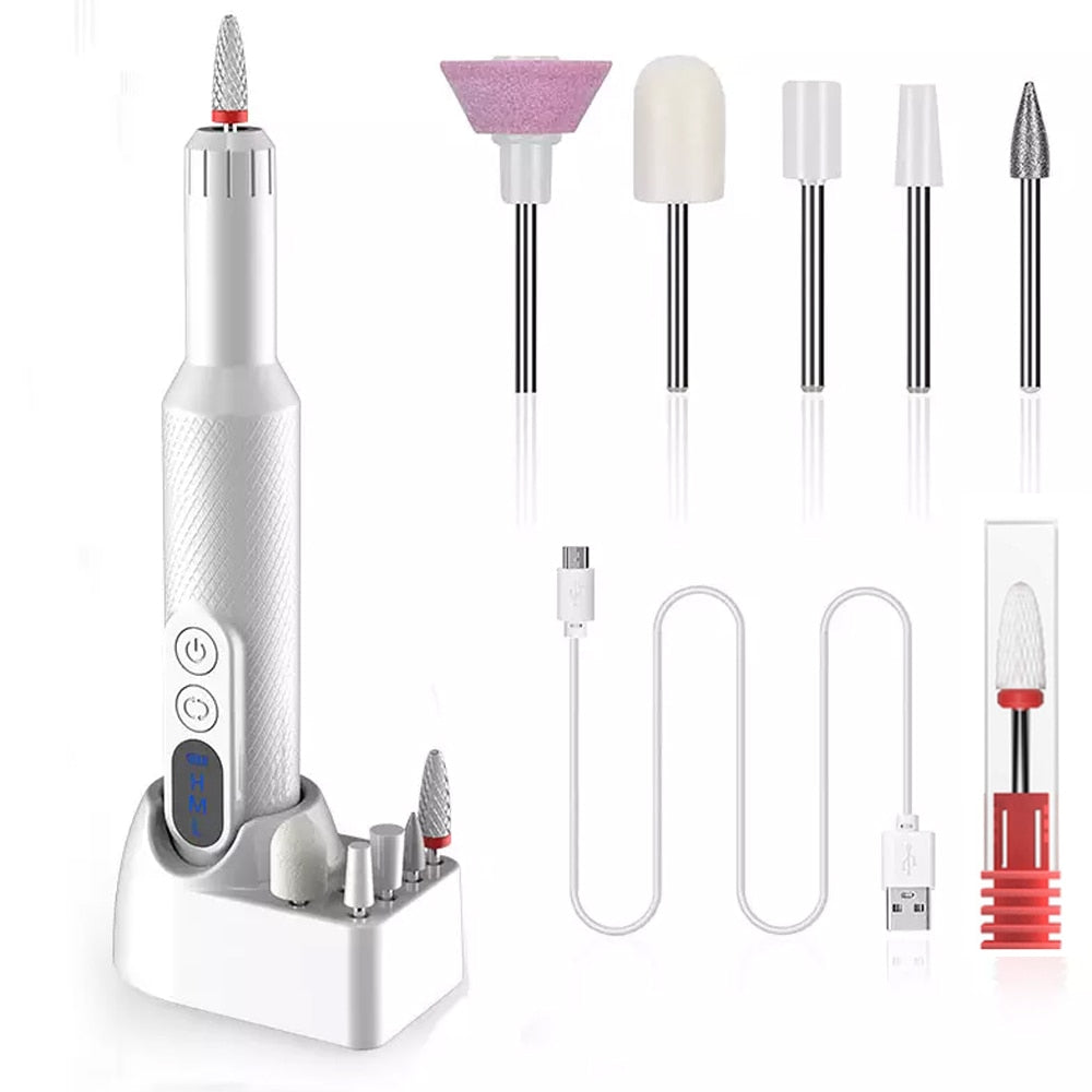 Electric Nail Drill Machine with Charging Base, featuring adjustable speed settings and multiple drill bits for professional nail care.
