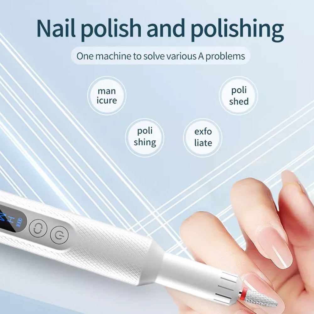 Electric Nail Drill Machine with Charging Base, featuring adjustable speed settings and multiple drill bits for professional nail care.